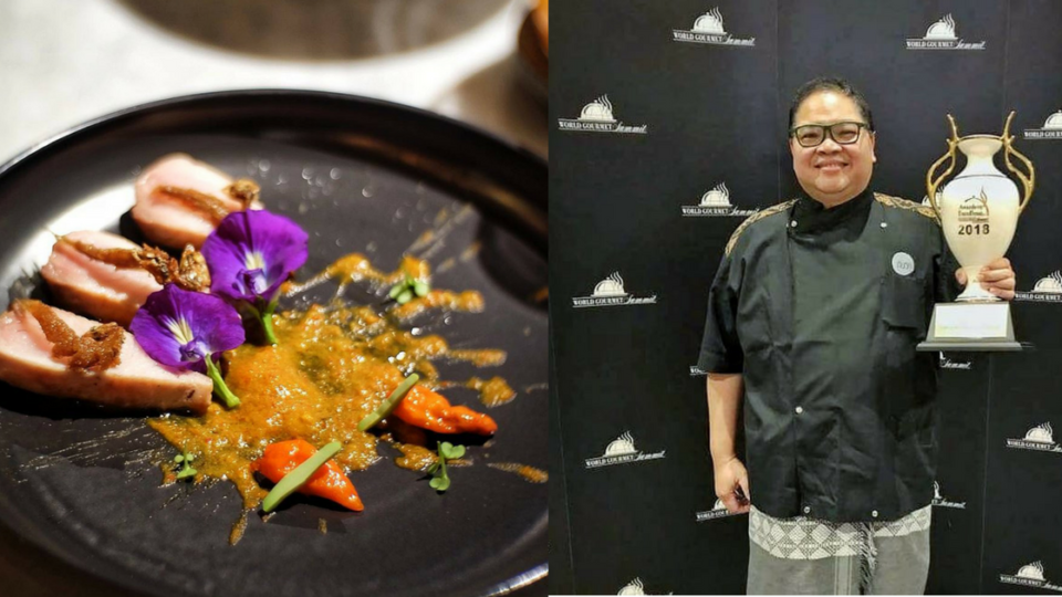 Left: Chef Rangil’s dish “Mahimahi Sambal Tempoyak”. Right: Chef Rangil with his trophy at the 2018 World Gourmet Summit Awards of Excellence.