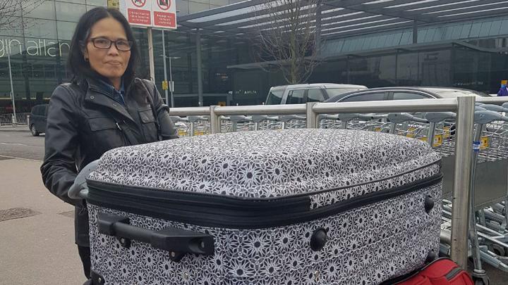 Parinah, pictured here at London’s Heathrow Airport, first left Indonesia in 1999 and was forced to work without pay for a family in England for 18 years. She is set to return to Indonesia today (April 12). 