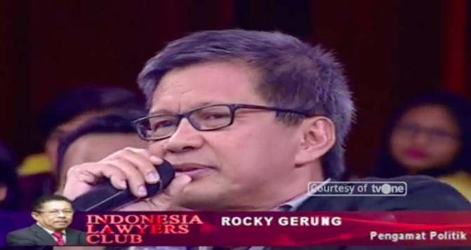 Universitas Indonesia philosophy lecturer Rocky Gerung appearing on national TV saying holy books are fiction on Tuesday, April 10, 2018. Photo: Youtube/@Indonesia Lawyers Club tvOne