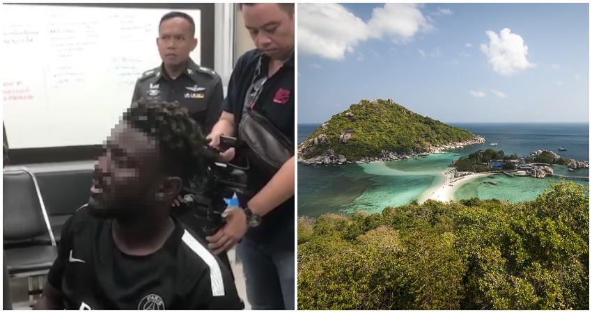 Th suspect, left, screenshot from Channel 3, and Koh Tao, right, Coconuts stock photo.