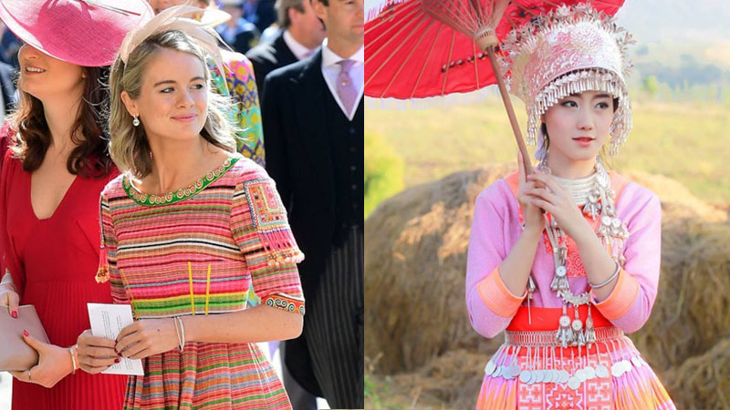 Left: Cressida Bonas arrives for the wedding ceremony of Prince Harry and Meghan Markle. Photo: Ian West/ AFP. Right: A traditional Hmong outfit. Photo: Facebook