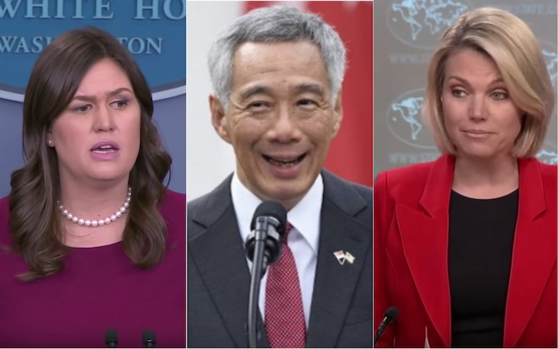 Sarah Sanders (Left), Heather Nauert (Right), PM Lee (Centre) 