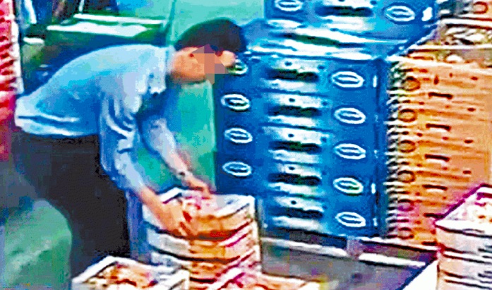 A mystery man was caught on CCTV stealing a box of avocados and Korean melon from the Yau Ma Tei fruit market. Screengrab via Apple Daily video.
