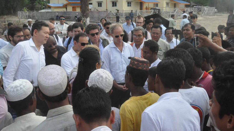 Members of the UN Security Council delegation meet Rohingya villagers in Maungdaw, Rakhine State. Photo: MOI / Han Lin Naing
