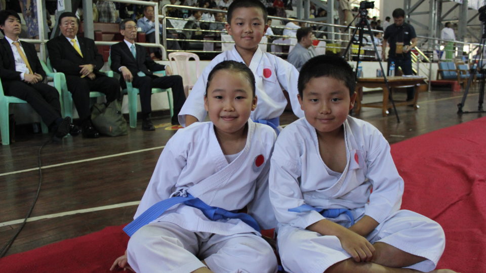 Children participate in a karate competition in Yangon.