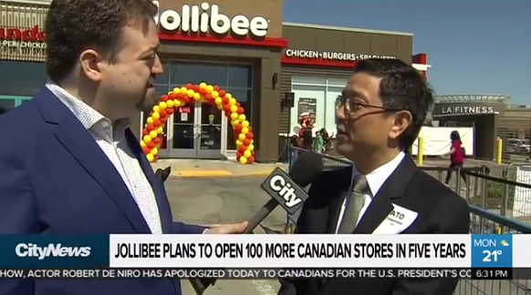 Jollibee Ernesto Tanmantiong announced that the company plans to open more stores in Canada. Screenshot from CityNews story.