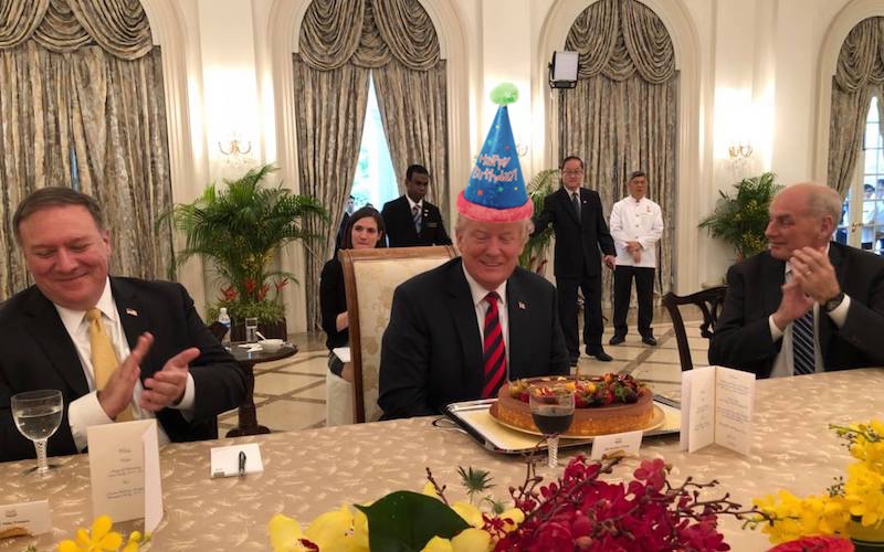 Obviously, they didn’t put the hat on Trump. Photo: @VivianBala / Twitter