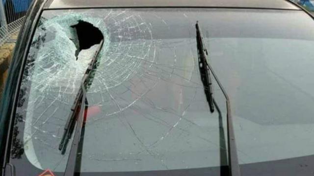 Brick tossed from a pedestrian bridge over a toll road in Bekasi, Indonesia smashing through a car’s windshield and killing its driver on June 5, 2018. Photo: Instagram