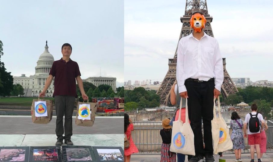 People around the world posing as the iconic “tank man” to commemorate the June 4 massacre. Photos via Facebook.