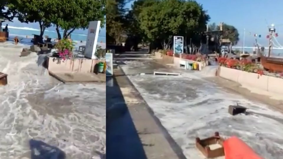 Things on the Gili side aren’t so smooth either. The beach walk at Gili Trawangan floods on July 25, 2018. Photos: Stills from video by Dendy Irawan
