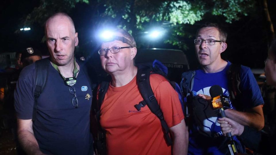 Three British cave-divers, Richard William Stanton, Robert Charles Harper, and John Volanthen arrive at Khun Nam Nang Non Forest Park in Chiang Rai on June 27, 2018. Photo: AFP