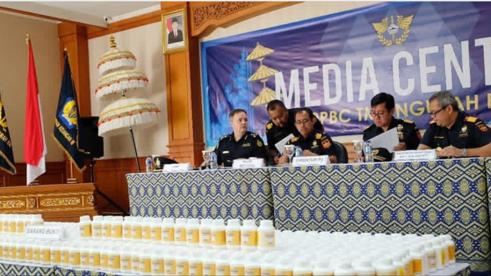 Look at all that evidence lined up at a press conference announcing the precursor drug bust on July 16, 2018. Photo: Ngurah Rai Customs