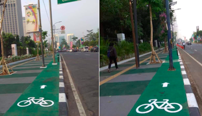 Electric poles as obstacles on the new bike lane around Jakarta’s GBK stadium. Photo: Twitter