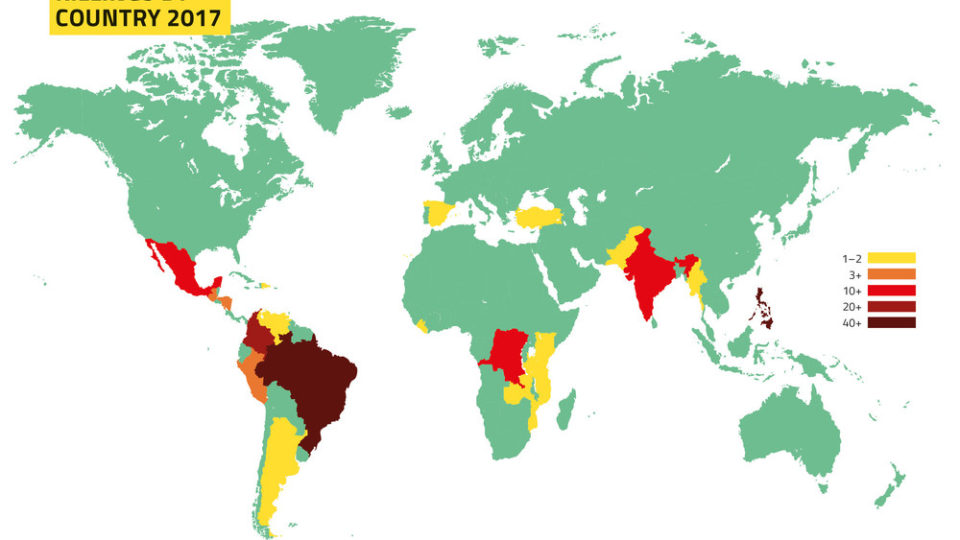 A map showing the number of environmental activists killed in each country. Photo via Global Witness.