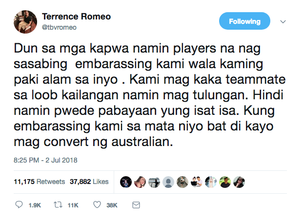 Terrence Romeo of the Philippine team remains unrepentant with his team’s involvement over last night’s melee. Screenshot from Romeo’s Twitter account.