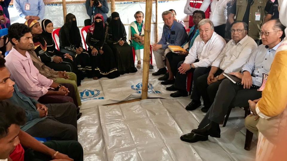 UN Secretary General Antonio Guterres and World Bank chief Jim Yong Kim meet Rohingya refugees in the Kutupalong refugee camp in Cox’s Bazar, Bangladesh, on July 2, 2018. Photo: Twitter / Antonio Guterres