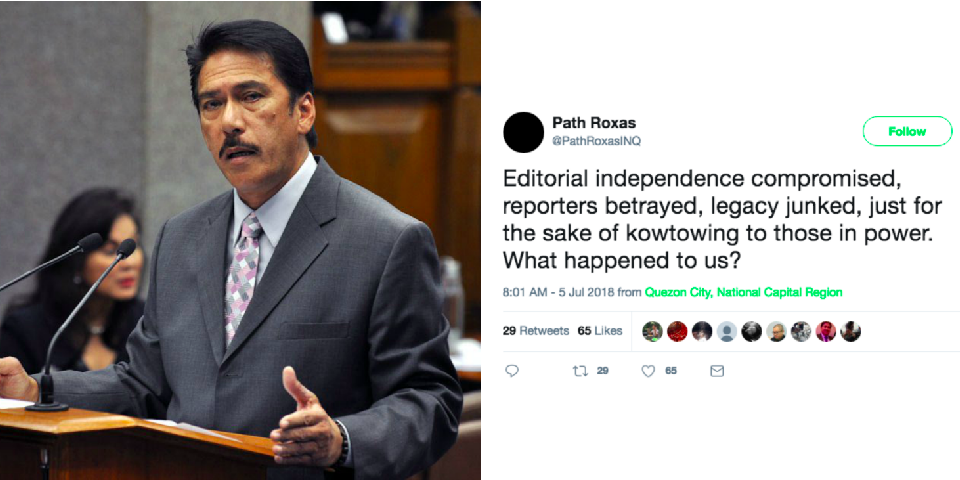 Photo via ABS-CBN News; Screenshot via Twitter user @PathRoxasINQ