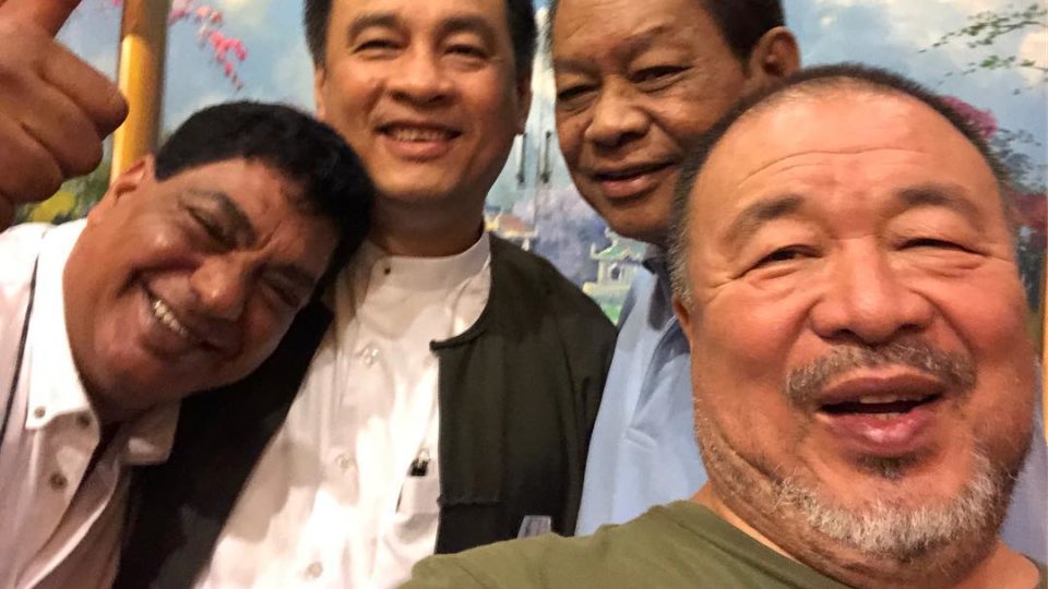 Artist Ai Weiwei takes a selfie with some friends in Yangon on July 1, 2018. Photo: Instagram / Ai Weiwei
