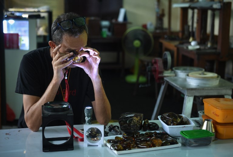 This picture taken on May 31, 2018 shows Akbar Khan, a 52-year-old self-described ‘extreme fossil in amber hunter’ inspecting a piece of honey-coloured fossilised tree sap from Kachin State in Myanmar at his streetside stall in Bangkok. “Amber hunters” on a quest for a Jurassic Park-style discovery of dinosaur remains sift through mounds of the precious resin in Myanmar — a lucrative trade that captivates palaeontologists but also fuels a decades-long conflict in the far north. Lillian SUWANRUMPHA / AFP