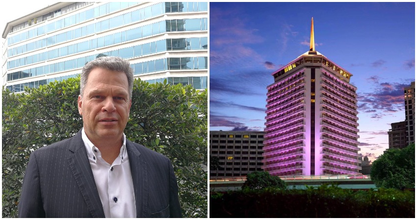 Hediger in front of the Silom Road hotel (left) Photo: Laurel Tuohy/Coconuts Media. The hotel (right). Photo: Dusit Thani.