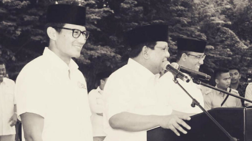 (L-R): Former Jakarta Vice Governor Sandiaga Uno, Gerindra Chairman Prabowo Subianto, Jakarta Governor Anies Baswedan. Photo: @Prabowo / Instagram