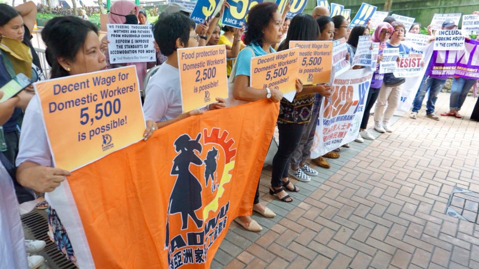 Domestic workers protest for a higher minimum wage yesterday outside the Labour Department. Picture via Facebook (香港亞洲家務工工會聯會　Hong Kong Federation of Asian Domestic Workers Unions FADWU)