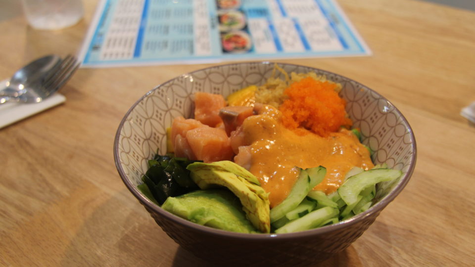A salmon poke bowl with spicy aioli from the Poke Bar in Yangon. Photo: Coconuts Yangon