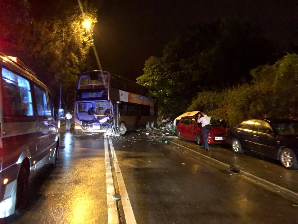 A picture of the KMB bus which was stolen and then crashed on Sunday. Via Facebook (Lulu Lee‎ -Tai Po 大埔)