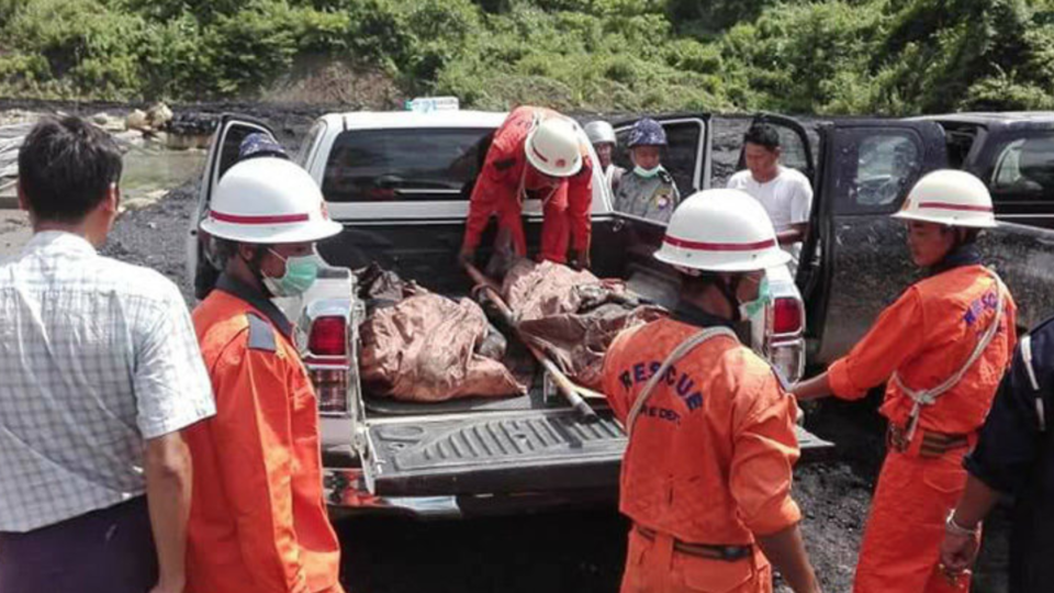 The bodies of coal miners are recovered following an explosion in Kalaywa Township, Sagaing Region, on Aug. 3, 2018. Photo: Sagaing Region Information Page