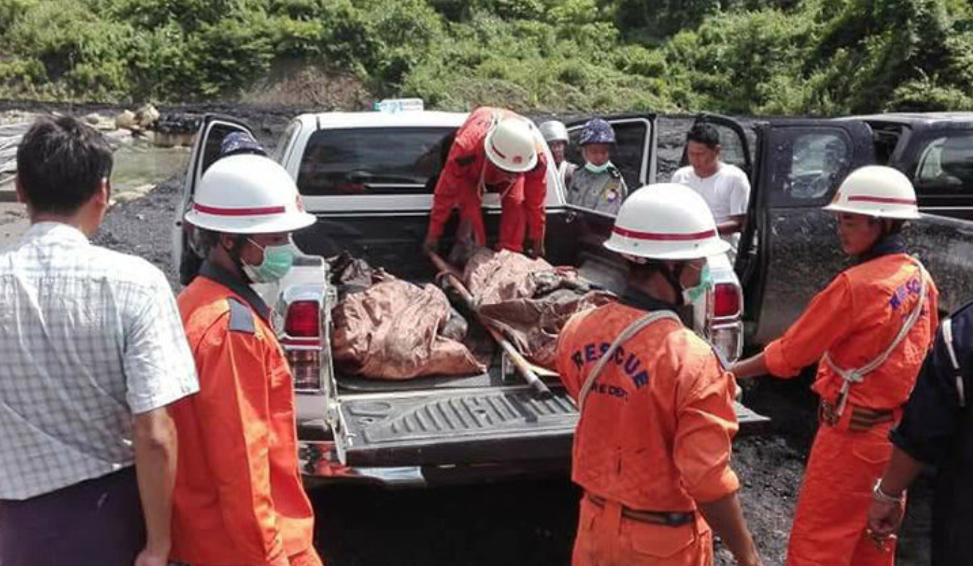 The bodies of coal miners are recovered following an explosion in Kalaywa Township, Sagaing Region, on Aug. 3, 2018. Photo: Sagaing Region Information Page