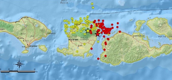 The 6.9 earthquake and its aftershocks shown in red that hit Lombok on August 19, 2018. The August 5, 2018 earthquake and its aftershocks are shown in yellow. Photo via Sutopo Purwo Nugroho/BNPB