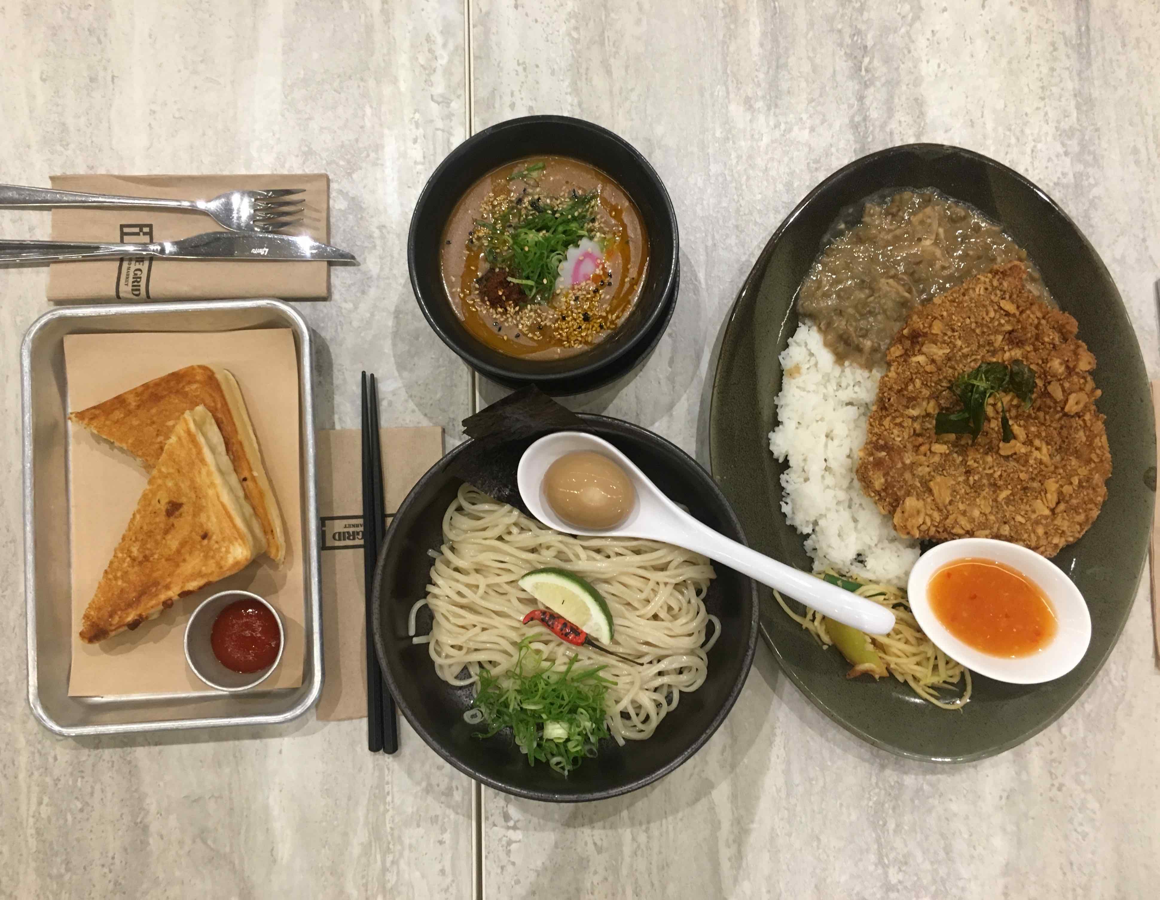 (L-R) Grilled cheese sandwich, Tsukemen, and pork chop. (Photo: Therese Reyes)