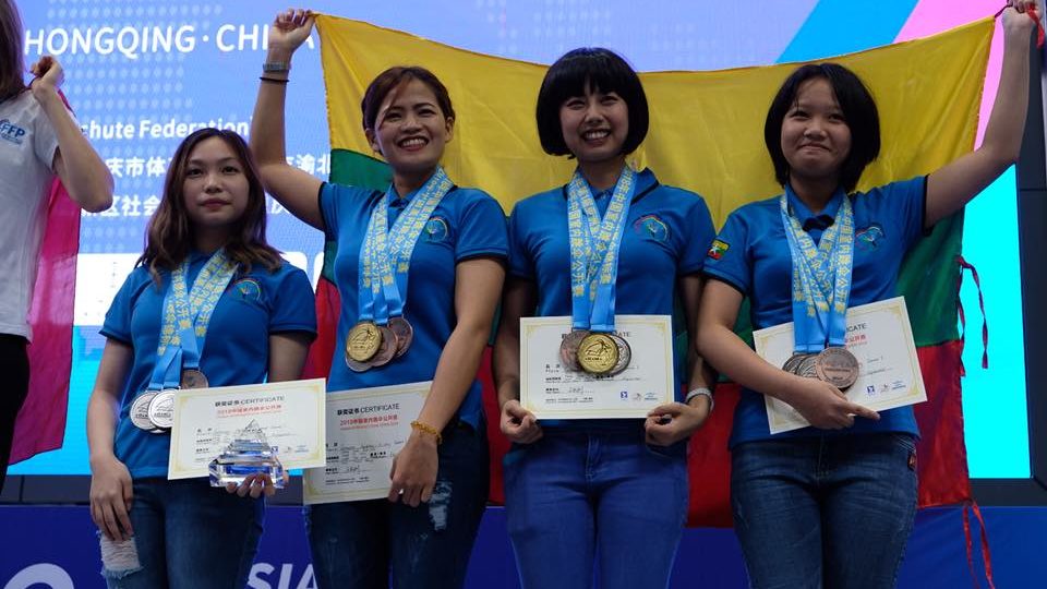 The Myanmar team poses with their medals at the Asiania Indoor Skydiving Championship in Chongqing, China, on Sept. 23, 2018. Photo: Myanmar Parachute Federation