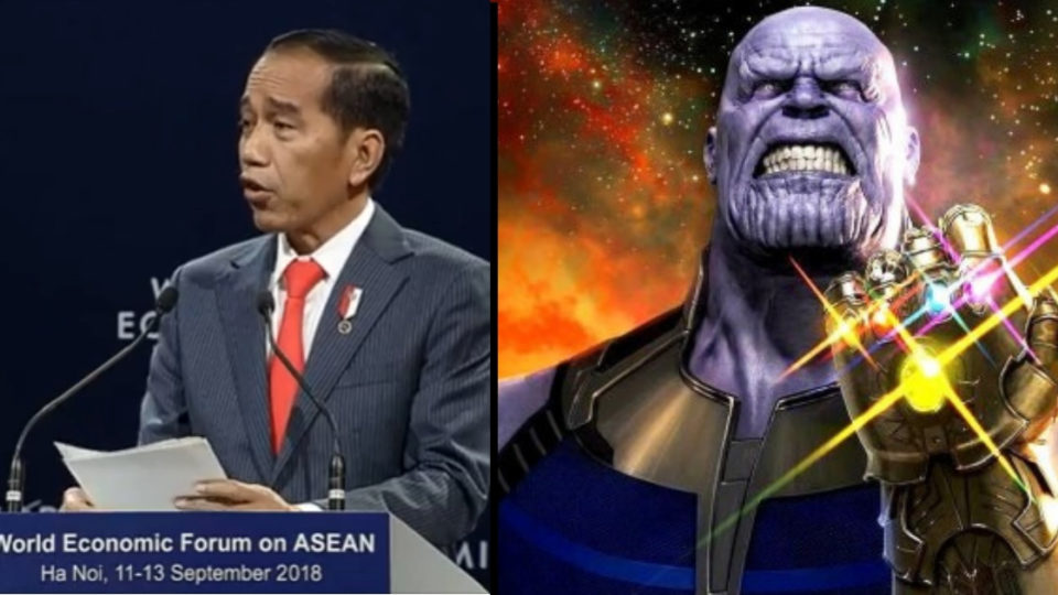 Left: Indonesian President Joko Widodo speaking at the World Economic Forum meeting in Hanoi on Sept 12, 2018. Right: Thanos from “Avengers: Infinity War”