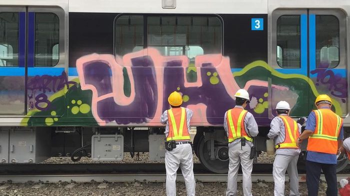 A parked Jakarta MRT train tagged with graffiti. Photo: Instagram/@mrtjkt