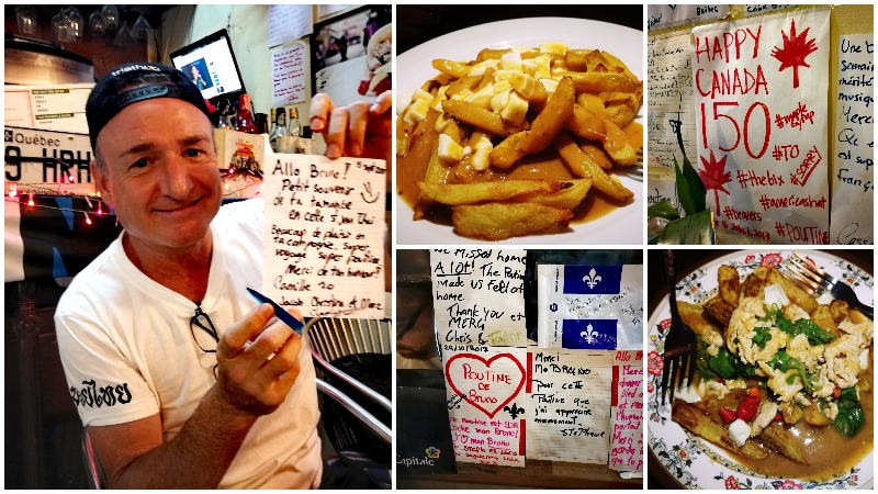 Photos, clockwise from left: Bangkok Poutine owner Bruno Blanchet holding a note from a customer,  classic poutine, a wall message in the restaurant, Thai poutine, more of the notes that paper the walls. Photos: Laurel Tuohy/Coconuts