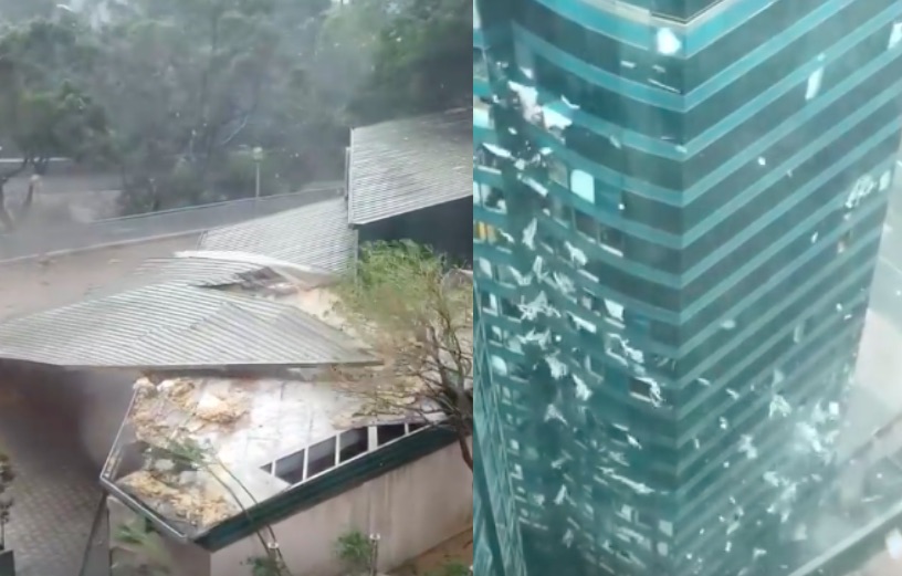 (Left) The roof of a refuse center near a housing estate in Sau Mau Ping, (right) paper flying out of windows at the Harbour Grand Kowloon hotel in Whampoa. Screengrabs via YouTube.