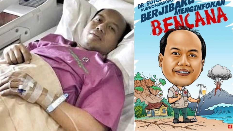 BNPB spokesman Sutopo Purwo Nugroho, the face of the force managing Indonesia’s natural disasters, is dying of cancer. Left: Dock Pribdai/Twitter. Right: Sutopo Purwo Nugroho/Twitter