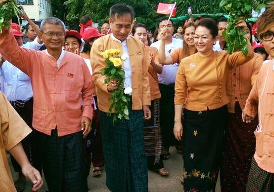 NLD member and then-parliamentary candidate Kyaw Zeya (C) campaigns in 2015. Photo: Facebook / Thet Thet Khaing