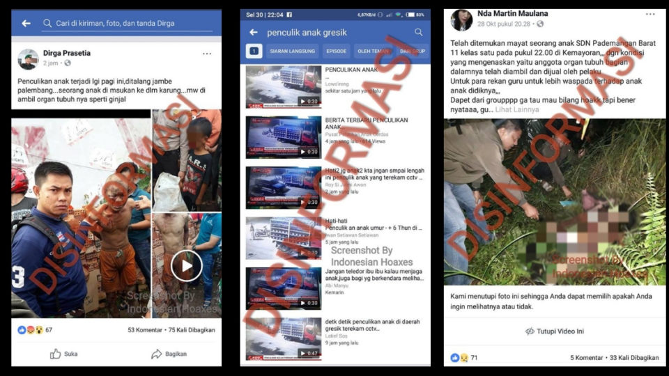 Screenshots of viral child kidnapping hoaxes debunked by Indonesia Hoaxes. 