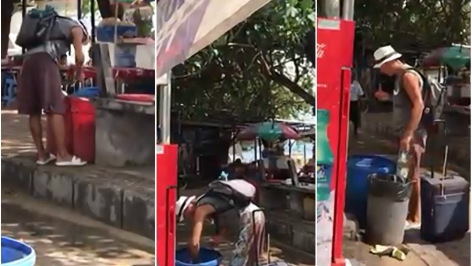 A man presumed to be a tourist scavenges for food in Bali. Photos: Stills from Facebook/Dwikayanthi Pudja 