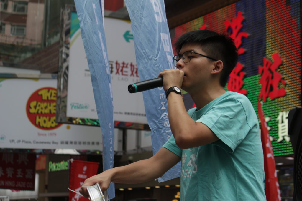 Joshua Wong addressing the national day protesters at Causeway Bay. Photo by Vicky Wong