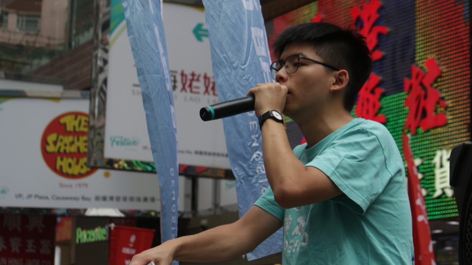 Joshua Wong addressing the national day protesters at Causeway Bay. Photo by Vicky Wong