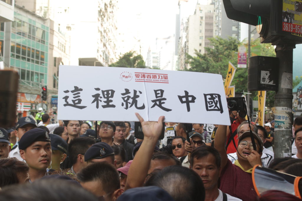 Pro-Beijing protester holds up banner reading 'this is China.' Photo by Vicky Wong.