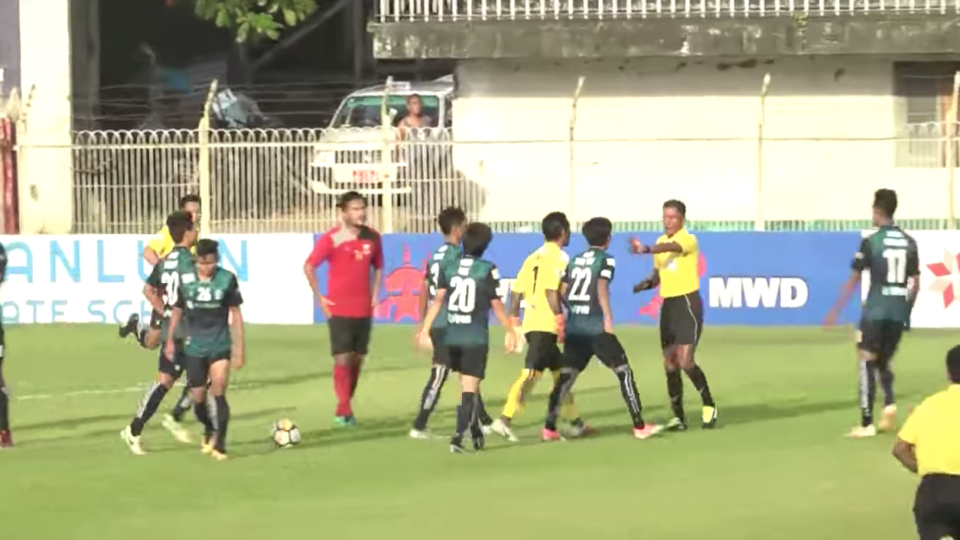 Yangon United players fight with referees at the General Aung San Shield tournament on Sept. 30, 2018. Source: Eleven Media