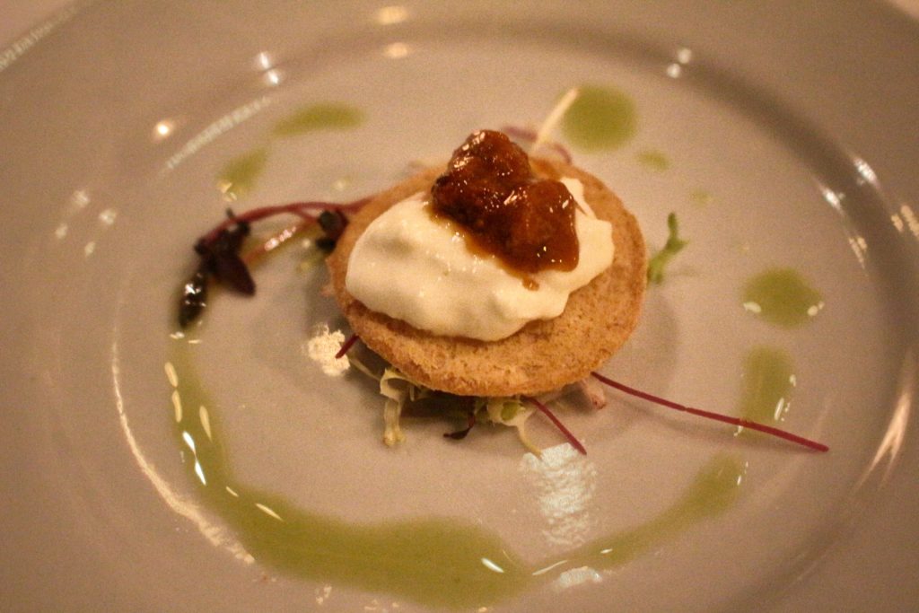 Fishsteria's amuse bouche of ricotta cow cheese cream with lemon and lime zest and juice topped with bottarga. Photo by Vicky Wong