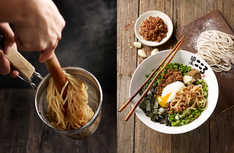 (L) Whole wheat noodles; (R) original maze soba. Photo: Menya Kokoro
