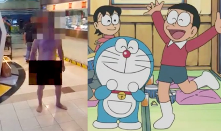 (Left) a naked 35-year-old man was spotted inside an arcade in Yuen Long. Eyewitnesses say he had a tattoo of the lovable Japanese cartoon character Doraemon (right) on his arm. Screengrabs via Apple Daily video and YouTube.