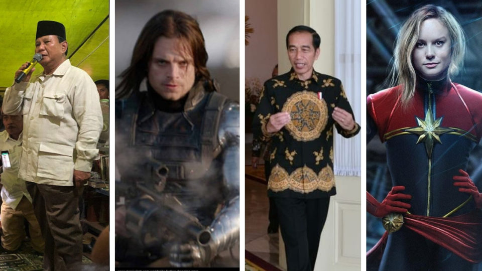 Presidential candidate Prabowo Subianto (@prabowo / Instagram); Winter Soldier from ‘Captain America: Winter Soldier’; President Joko Widodo (@jokowi / Instagram); Promotional image from ‘Captain Marvel’  