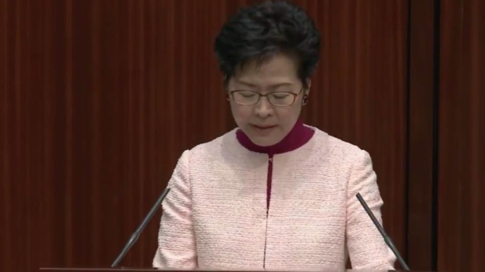 Carrie Lam addressing lawmakers this morning. Via Legco webcast
